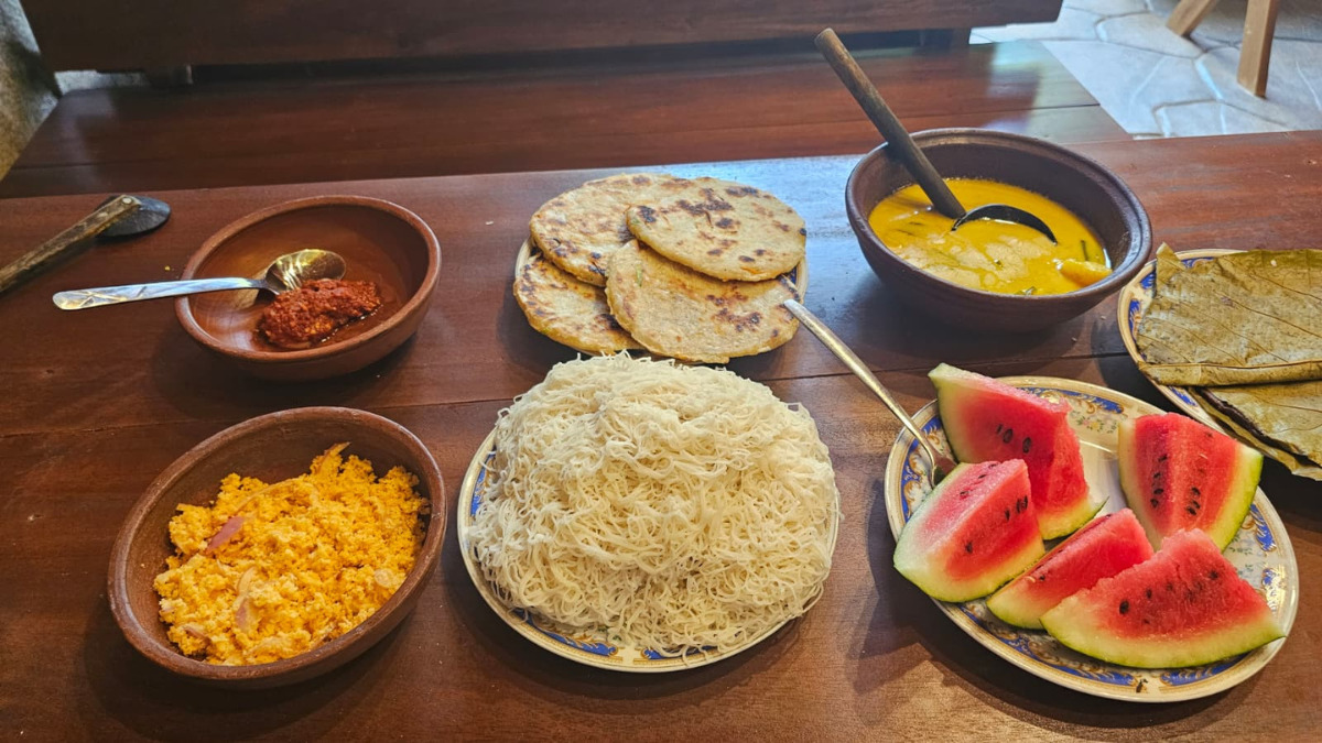 Sri Lankan Food: String Hoppers, Watermelon, Dhal, Roti, Coconut Sambol