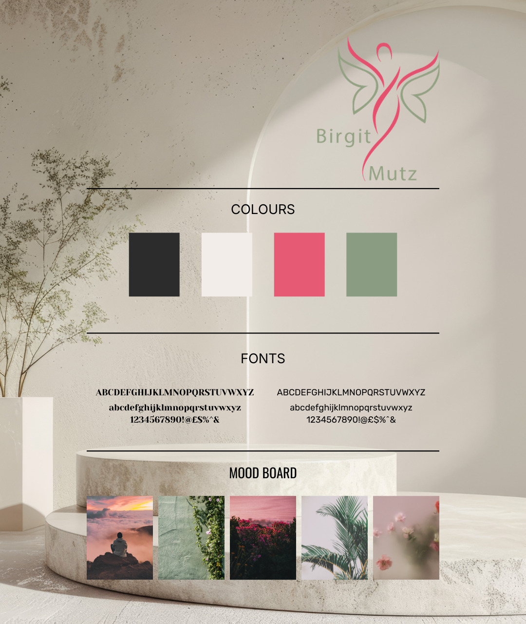 Branding board by Birgit Mutz: Branding colors in green and pink, featuring the logo—which consists of an icon and her name—along with some mood board images and the fonts.