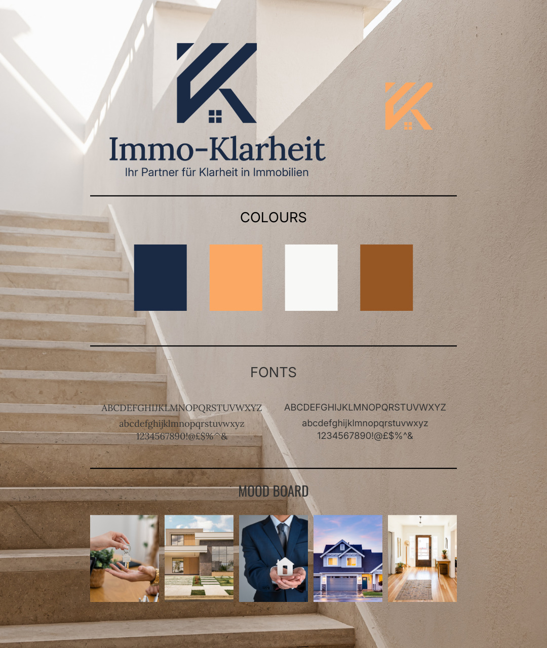 Branding board from Immo-Klarheit: Branding colors in blue, orange, and brown, featuring the text-based logo, slogan, and a small icon, along with some mood board images and the fonts.