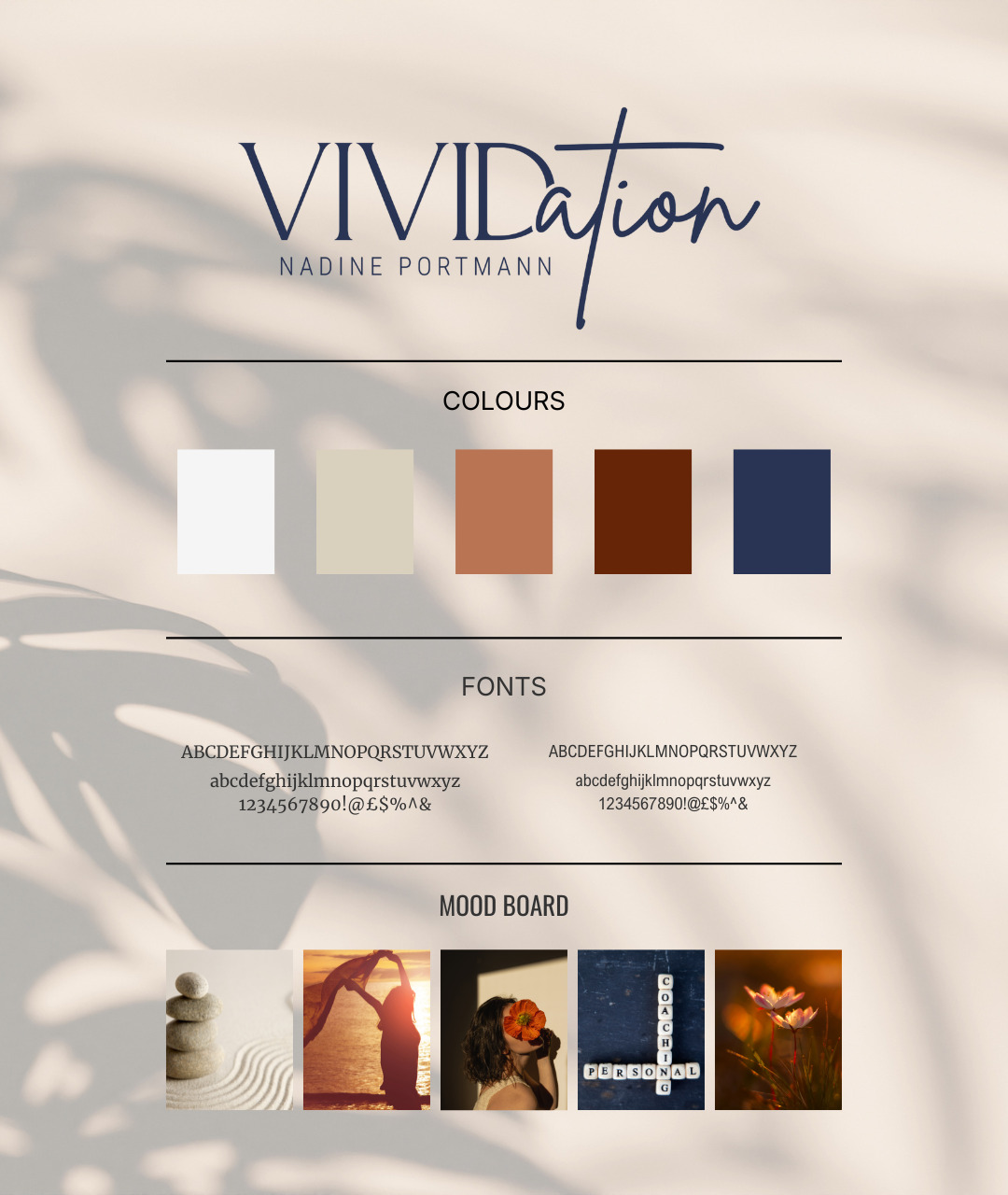 Branding board by Vividation: Branding colors in blue, red, and brown, featuring the logo in text form, several mood board images, and the fonts.