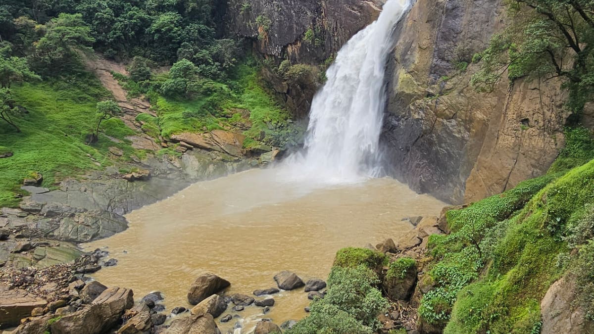 The Bopath Falls in Sri Lanka; the water is brown because it had rained earlier.