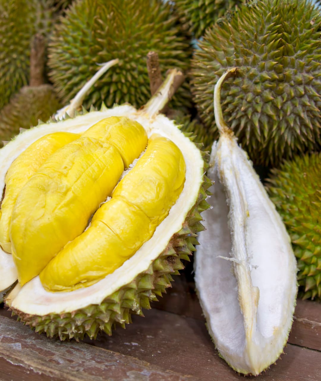 some durians, also one is open, so you can see the fruit inside.