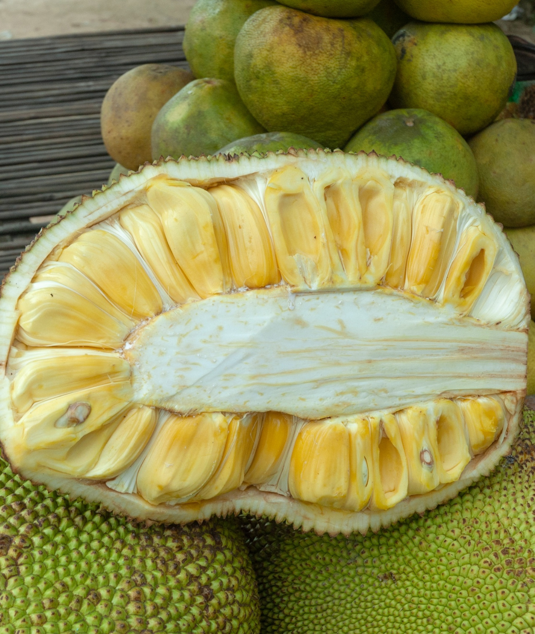 half jackfruit, you can see the fruit inside.